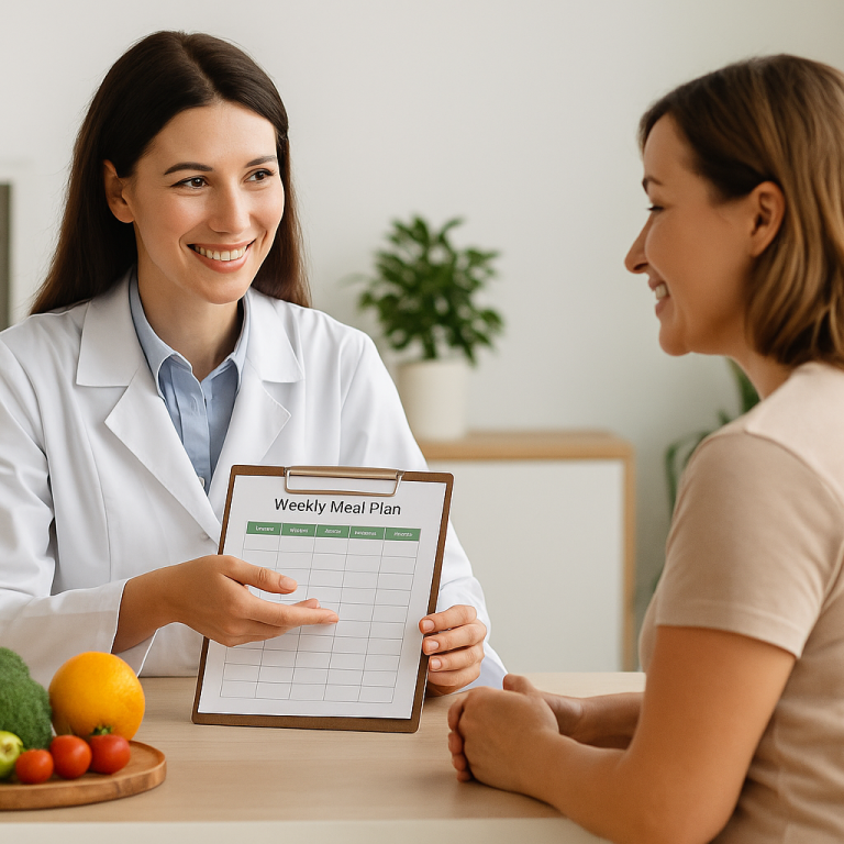 Paciente y nutricionista trabajando en un plan de alimentación sostenible con alimentos saludables