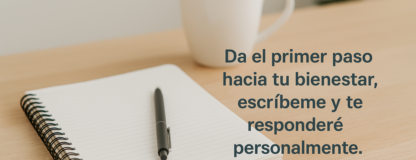 Imagen de contacto de Ser & Salud Integral: libreta, bolígrafo y taza de café con el mensaje 