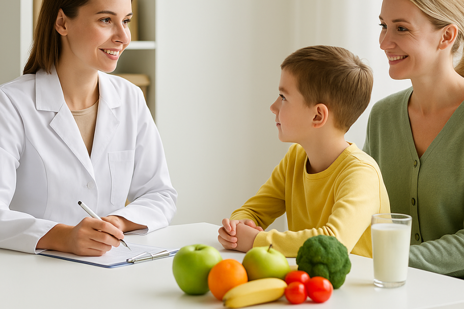 Consulta de nutrición infantil entre con alimentos saludable sobre la mesa