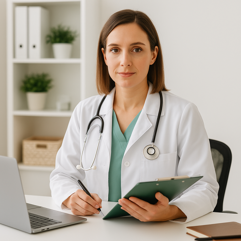 Nutricionista con experiencia clínica revisando historial médico en consulta profesional